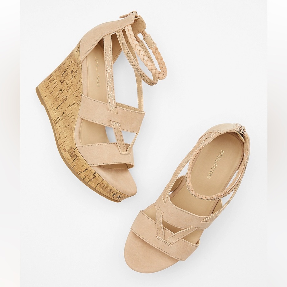 Maurices Tan Wedge Strappy Sandals blush beige Haven size 10 cork pale pink 4”